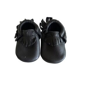 Fresh Picked Black Leather Crib Shoe Bootie Moccasins Size 6 months